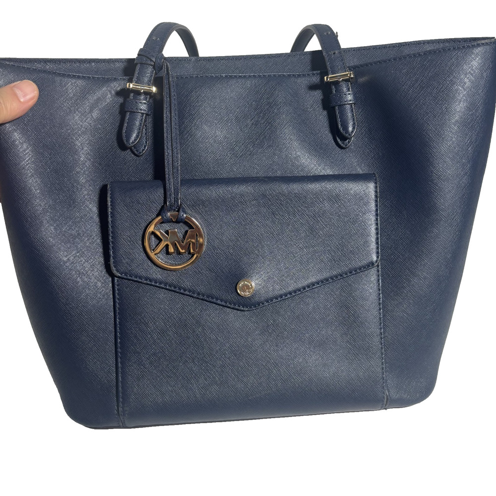 Michael Kors Navy Blue School College Tote Shoulder Bag Gold Hardware Large